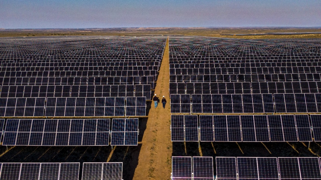 People walking through a solar panel farm