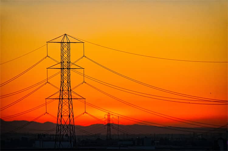 Transmission tower at dusk